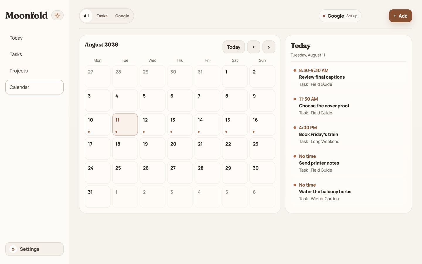 Moonfold Agenda view with dated tasks and calendar connection status