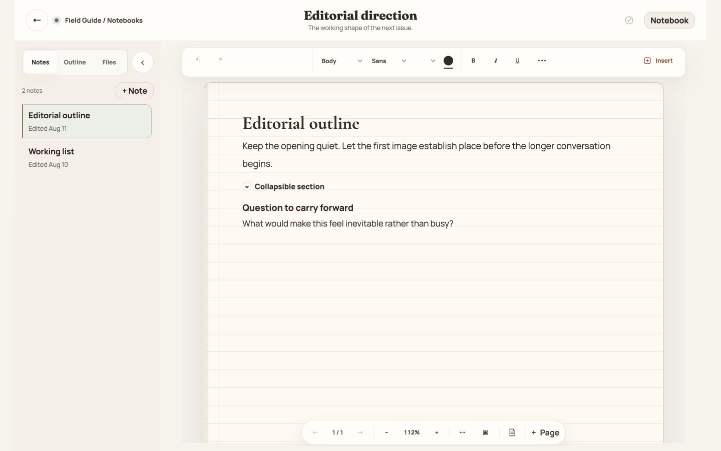 Moonfold notebook editor with notes and project resources