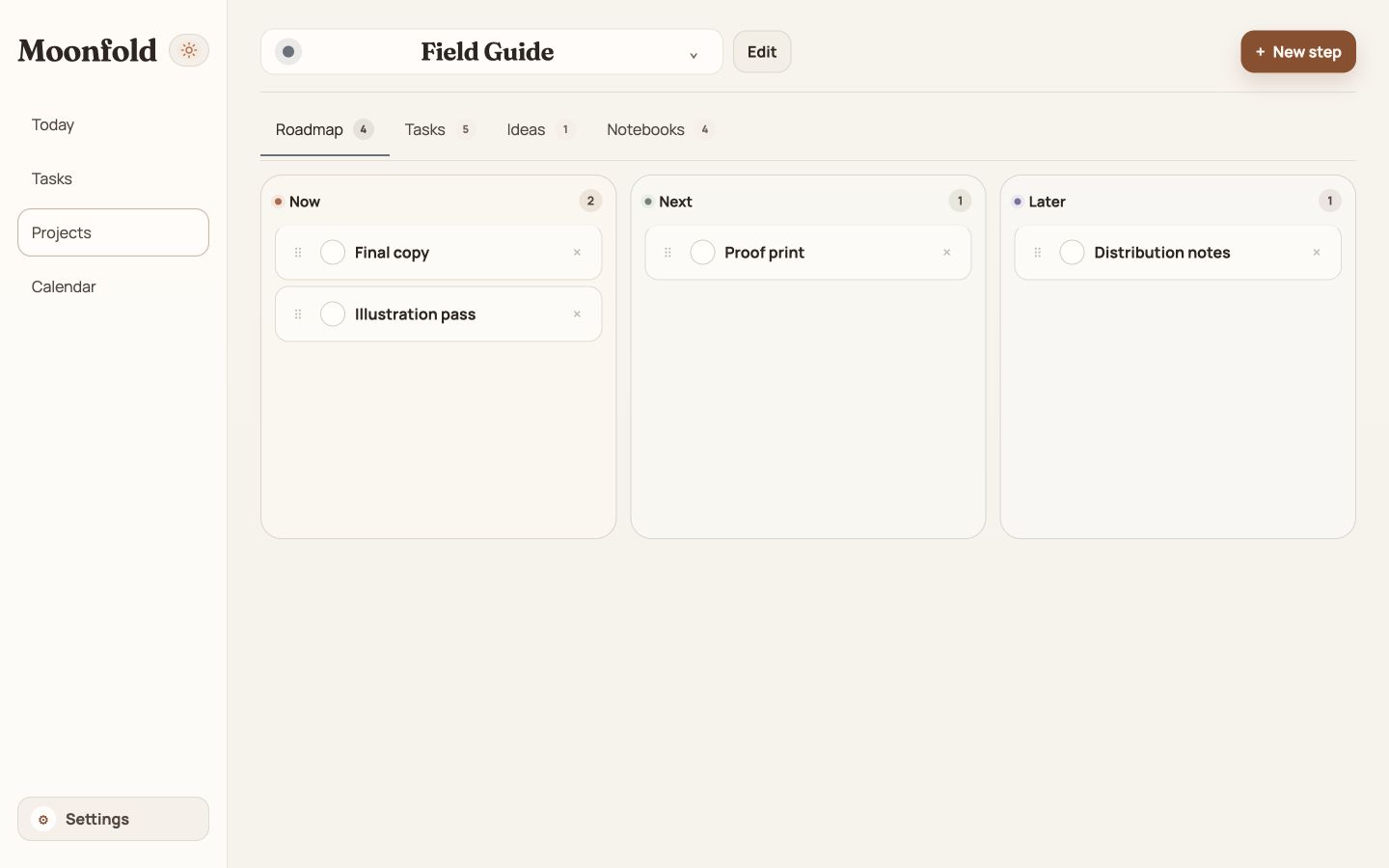 Moonfold project view with roadmap, tasks, and project context